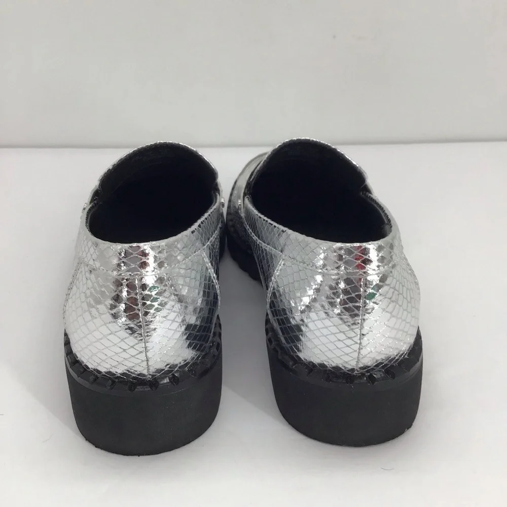 Franco Sarto Cassandra Platform Penny Loafer Snake Embossed Silver Size 7.5